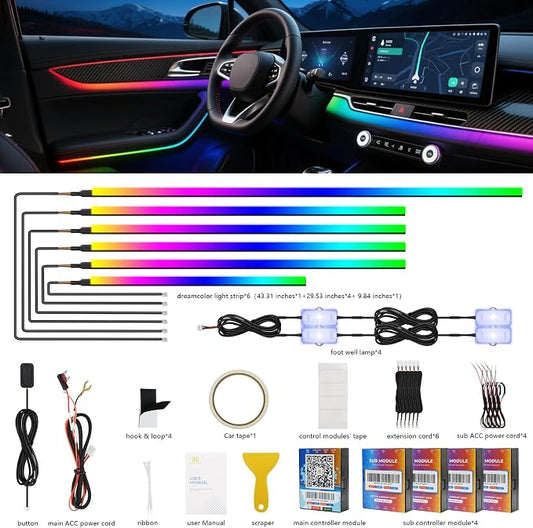 2026 Upgraded Interior Car LED Strip Lights, Acrylic LED Lights for Car Dynamic Dreamcolor Chasing, Dual-Zone Control,Ambient Lighting Kits Music Sync Dreamcolor 10 in 1 with Self-Developed APP