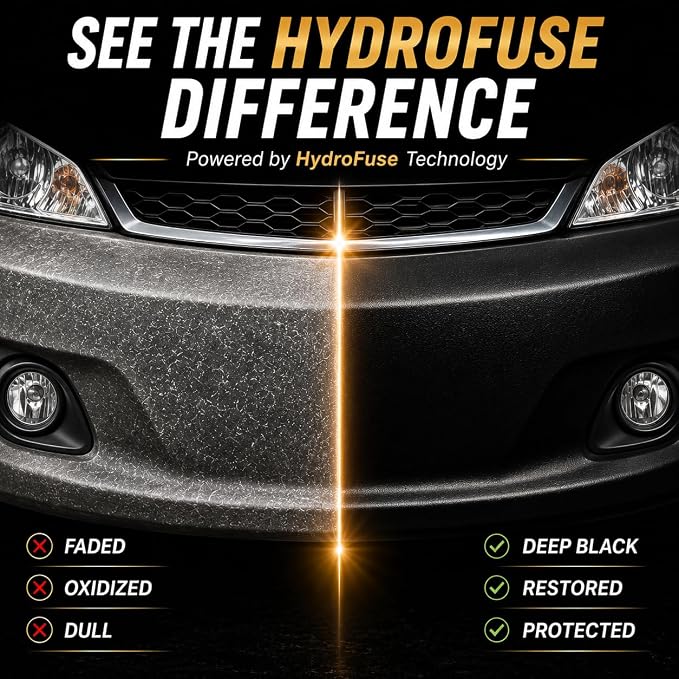 HydroRevive Instant Plastic Restorer | Bring Darker Plastic, Rubber, and Vinyl Back to Life! | User Friendly Exterior Trim Restorer | Safe Auto Detailing Supplies | 16.9 Oz Kit with Foam Applicator
