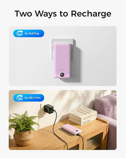 VEGER Portable Charger Power Bank with Built-in AC Plug and Cables, All in One 10000mAh Ultra Slim Travel Essentials, Fast Charging Battery Pack Compatible with iPhone, Samsung, Android, Purple