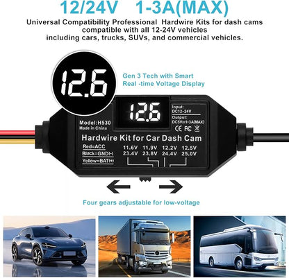 Dash Cam Hardwire Kit USB C, 12V-24V to 5V/3A Adapter Power Cable with Voltage Display, 24/7 Parking Mode, Acc Detection, 4-Level Low Voltage Protection (11.6V/11.9V/12.2V/12.5V)