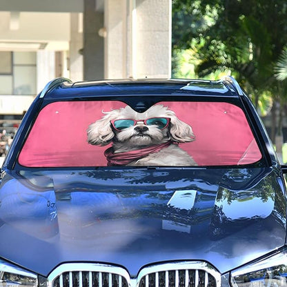 Cars Front Sun Shade Windshield,Foldable Reflective Sun Visor Cute Dog Maltipoo Pink Windshield Sunshade Cover,Blocks UV Ray Sun Protect Interior Keep Cool,57" x 31.5 "Inc