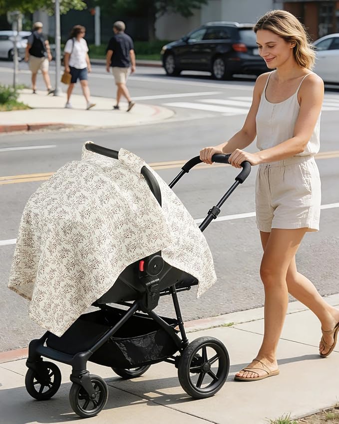 100% Muslin Cotton Car Seat Cover, Soft Breathable Car Seat Canopy for Baby, Universal Infant Carseat Sunshade, Lightweight Summer Stroller Cover for Boys Girls - Floral Print