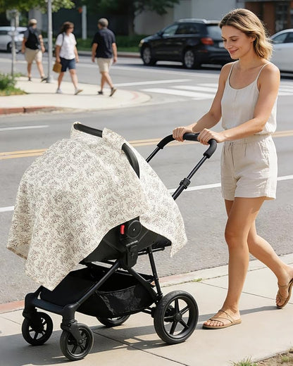 100% Muslin Cotton Car Seat Cover, Soft Breathable Car Seat Canopy for Baby, Universal Infant Carseat Sunshade, Lightweight Summer Stroller Cover for Boys Girls - Floral Print