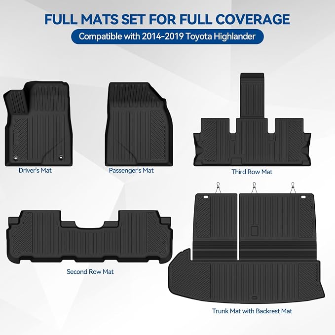 Custom Fit Floor Mats for 2014-2019 Toyota Highlander, All Weather TPE Floor Liners with Trunk Mat, Odorless Full Set Interior Accessories