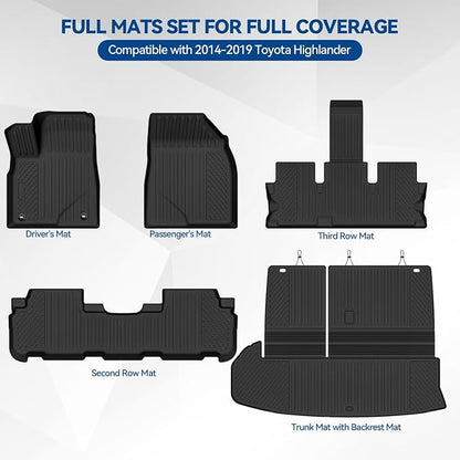 Custom Fit Floor Mats for 2014-2019 Toyota Highlander, All Weather TPE Floor Liners with Trunk Mat, Odorless Full Set Interior Accessories