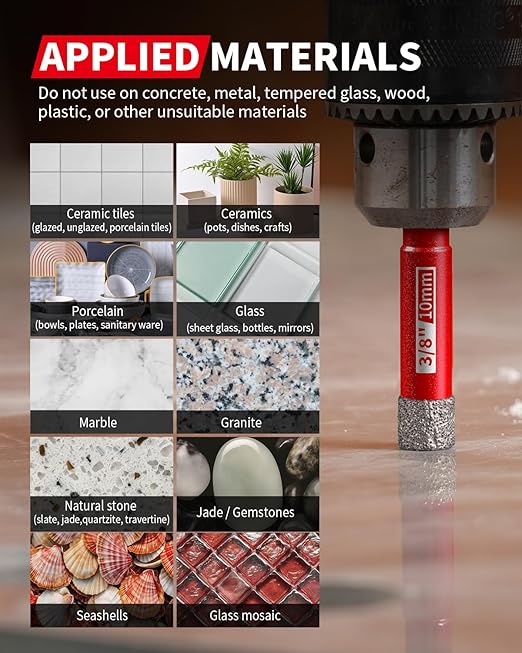 DAYDOOR Dry Diamond Drill Bits Set, 3/16" 1/4" 5/16" 3/8" 1/2" 5/8" Diamond Hole Saw Kit for Porcelain Tile Ceramic Glass Marble Granite, Tile Drill Bits with Cooling Wax, Round Shank (7-Piece)