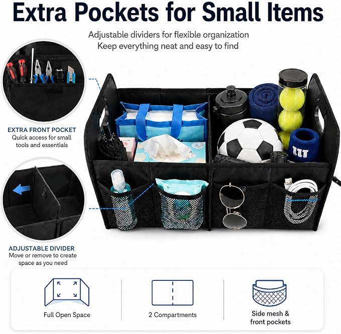 PAT SAM'S Trunk Organizer for SUV, Collapsible Car Trunk Organizer with Dividers, Waterproof 600D Oxford, Non-Slip Storage Organizer for Groceries, Tools, Travel, Truck & Car (Black)