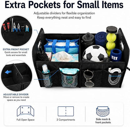 PAT SAM'S Trunk Organizer for SUV, Collapsible Car Trunk Organizer with Dividers, Waterproof 600D Oxford, Non-Slip Storage Organizer for Groceries, Tools, Travel, Truck & Car (Black)