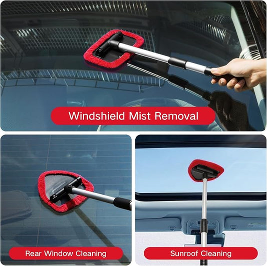 Qydipclin 7pcs Windshield Cleaner Tool Car Window Cleaning Wash Kit with 4 Reusable Microfiber Pads 1 Spray Bottle and Extendable Handle Auto Glass Wiper Kit, Red