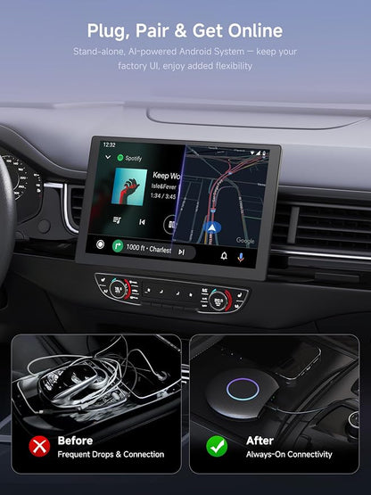Magic Box CarPlay & Wireless Android Auto Adapter, Full Android OS, Built-in 4G LTE, AI Box Adapter, Plug & Play, Drivechat with AI Skills, WiFi, Bluetooth, Fits for OEM Wired CarPlay Cars