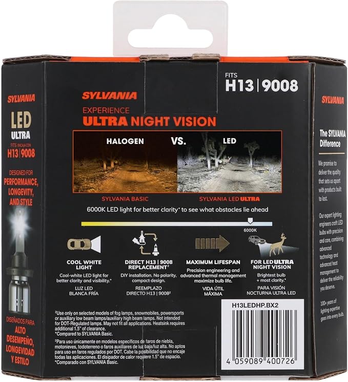 SYLVANIA - H13 LED Ultra - Fog Lights For Cars and Trucks - Headlight Bulbs for Off Road Powersports - 6000k Cool White LED Light - Maximum Lifespan - No Polarity - DIY Upgrade