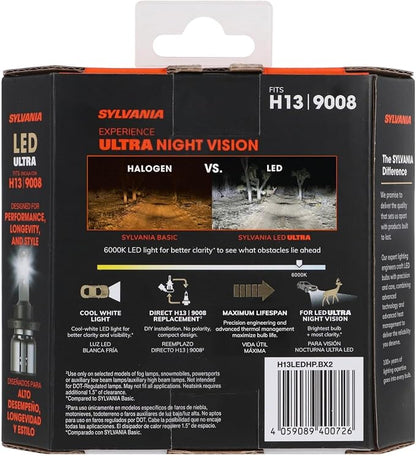 SYLVANIA - H13 LED Ultra - Fog Lights For Cars and Trucks - Headlight Bulbs for Off Road Powersports - 6000k Cool White LED Light - Maximum Lifespan - No Polarity - DIY Upgrade