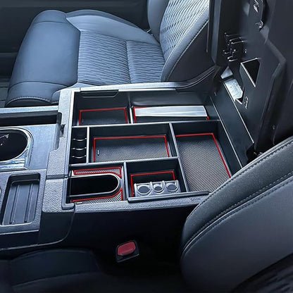Center Console Organizer Compatible with 2014-2017 2018 2019 2020 2021 Tundra Accessories, Crewmax Interior Armrest Underseat Storage Box- Full-coverage Insert Tray, Red Trim