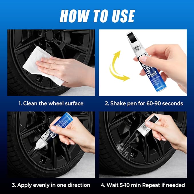 Matte Black Rim Touch Up Paint, 2-in-1 Brush & Tip, 0.4 fl oz - Universal Black Rim Curb Rash Repair Kit for Scratches, Scuffs Alloy/Metal Wheels, OEM Color Match, Quick-Dry & Long-Lasting