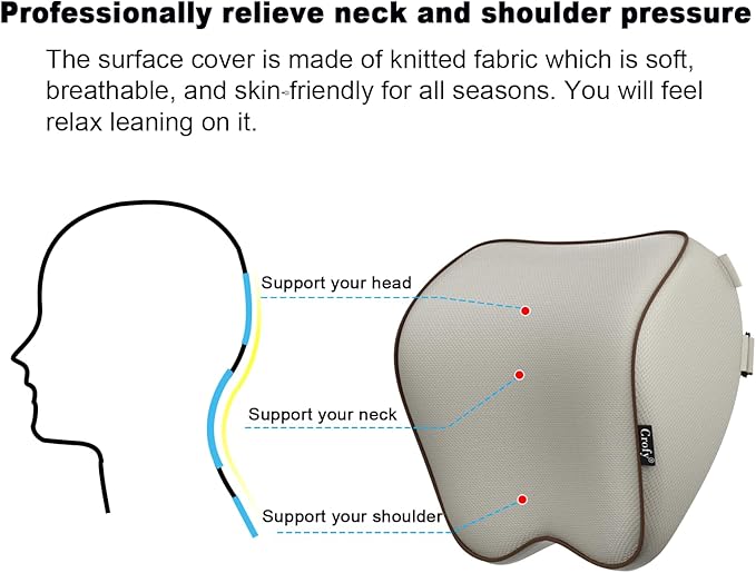 Crofy 2 Pack Car Neck Pillow, Softness Car Headrest Pillow for Driving with Adjustable Strap, 100% Memory Foam and Breathable Removable Cover, Comfortable Ergonomic Design, Gray & Brown