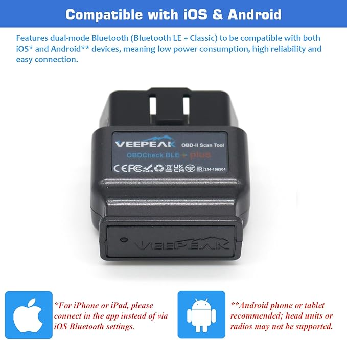 Veepeak OBDCheck BLE+ Bluetooth OBD II Scanner for iOS & Android, Car Check Engine Code Reader Wireless OBD Diagnostic Scan Tool