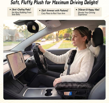 5 Pcs Fuzzy Black Color Car Accessories Set, Soft Fluffy Plush Steering Wheel Cover, Center Console Armrest Pad & Rearview Mirror Cover - Interior Decorations for Women,Universal Fit (Black)
