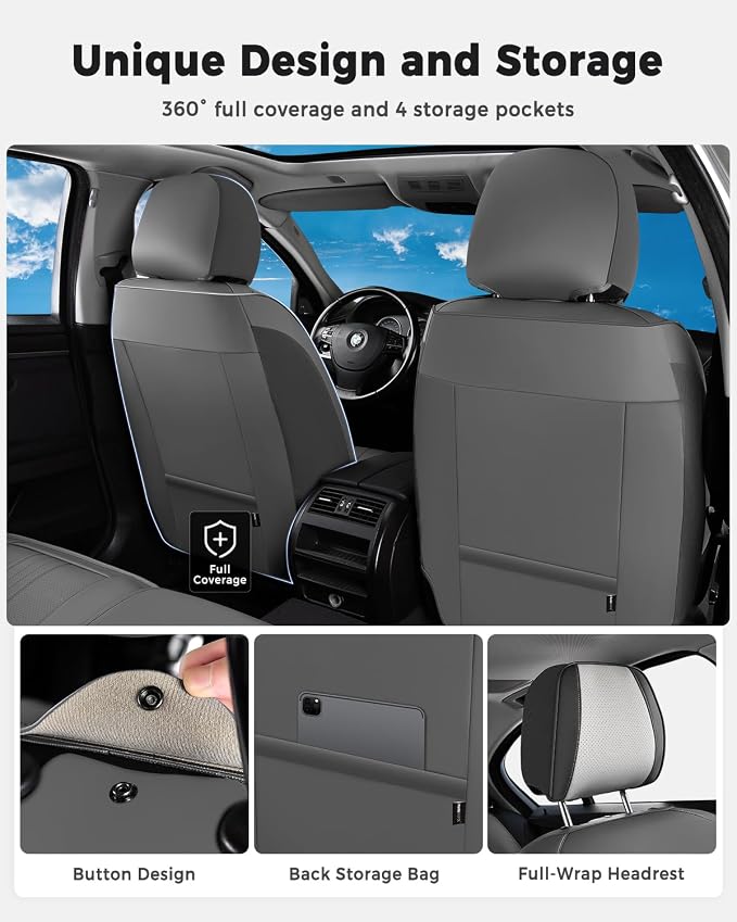 Huidasource Automotive Seat Covers, Luxury Faux Leather Seat Covers Leather, Velcro Adjustable, with Airbags, Child Seat, Cooling＆Heating, Universal Fit for Most Cars, Vans, Trucks, SUVs, Gray＆White