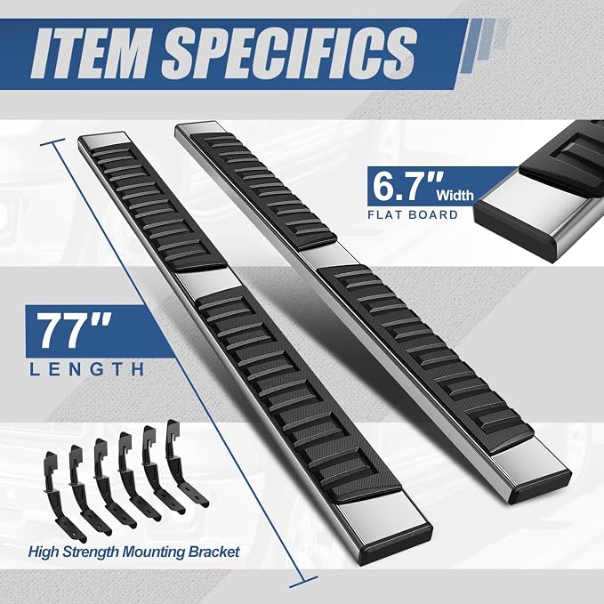 Auto Dynasty Running Boards Double Cab Compatible with 2007-2019 Chevy Silverado GMC Sierra 1500 2500HD 3500HD Extended Cab, Stainless Steel Side Steps Nerf Rails Bars, 6.7" Step Bars, Chrome Polished