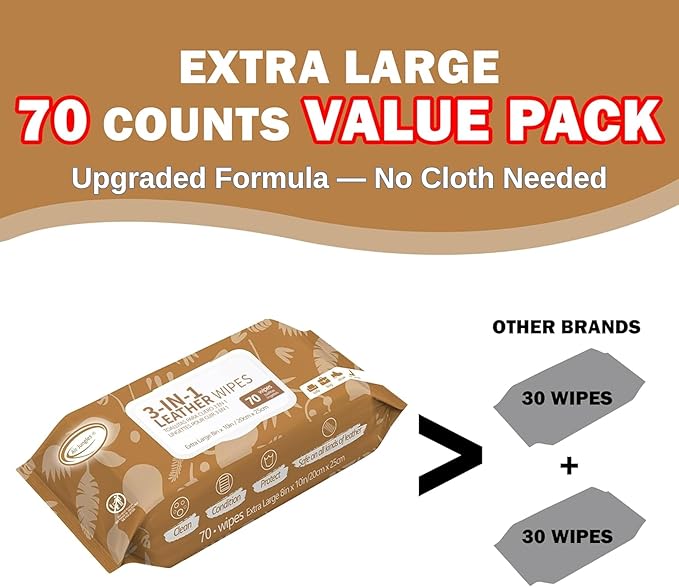 Air Jungles 3in1 Leather Cleaner Wipes 70 Count, Extra Large 8" x 10" Size, Clean Condition Protect Wipes for Vinyl and Leather Apparel Furniture Auto Car Interior Shoes Boots Bags