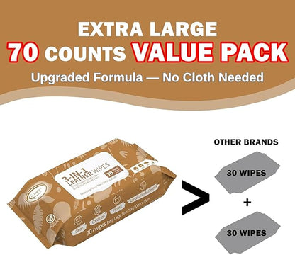 Air Jungles 3in1 Leather Cleaner Wipes 70 Count, Extra Large 8" x 10" Size, Clean Condition Protect Wipes for Vinyl and Leather Apparel Furniture Auto Car Interior Shoes Boots Bags