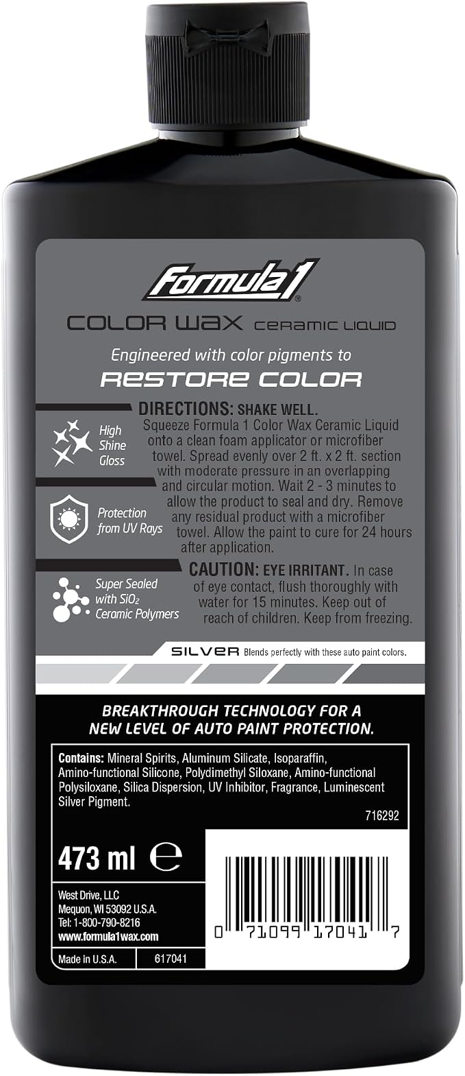 Formula 1 Color Wax Liquid for Silver Cars, Gives Ceramic Water Beading Protection and Ultimate Shiny Finish, Fills Minor Scratches with Color-Match Pigment, 16 oz