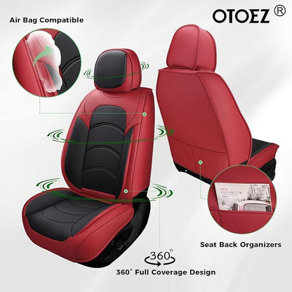 otoez Car Seat Covers Full Set, 5 Seats Waterproof Universal Leather Seat Cover for Cars, Front Rear Automotive Interior Protectors Full Coverage for Most Cars Sedens Trucks SUVs, Black+Red