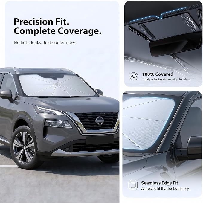 2026 Upgraded Windshield Sun Shade Umbrella for Nissan Rogue [Precision Custom Fit, Superior UV & Heat Block] Cooling Tech Fabric, Durable Foldable with Storage Bag, Fits 2008-2025
