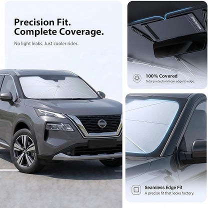2026 Upgraded Windshield Sun Shade Umbrella for Nissan Rogue [Precision Custom Fit, Superior UV & Heat Block] Cooling Tech Fabric, Durable Foldable with Storage Bag, Fits 2008-2025