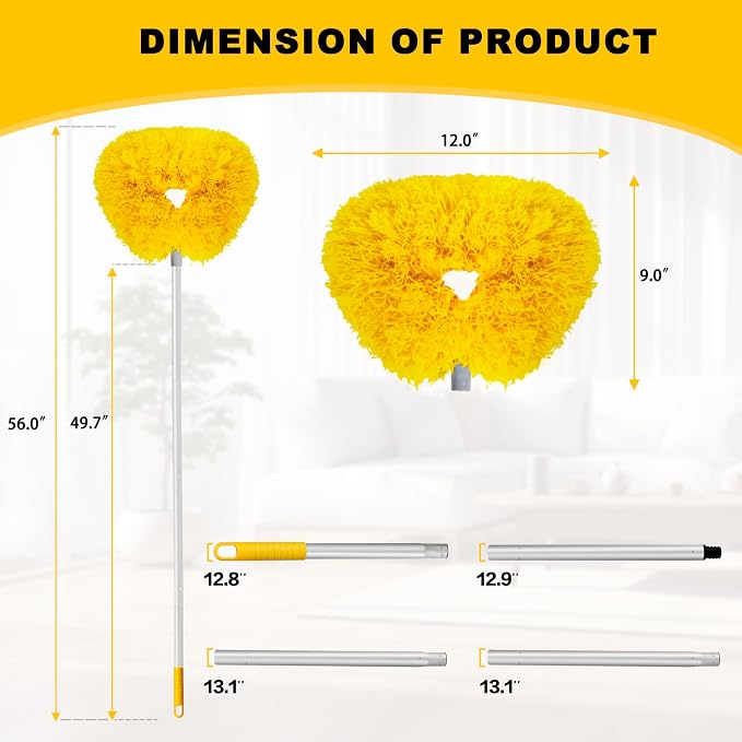 Ceiling Fan Cleaner Duster Reusable Microfiber Ceiling Fan Blade Cleaner Removable Duster with Extension Pole Adjusts 13 to 49.7 Inch for Cleaning Walls Bookshelves Furniture Door Window Top (Yellow)