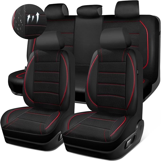 CAR PASS Mesh Leather Car Seat Covers Full Set,Breathable Mesh Faux Leather Seat Covers for Car, Universal Fit for SUV Truck Sedan Automotive, Airbag Compatible, Black and Red