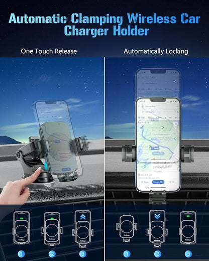 3-in-1 Wireless Car Charger Mount, 15W Fast Charging Auto-Clamping Phone Holder for iPhone 17 16 15 14, Samsung Galaxy S24 S23, Dashboard, Vent & Windshield Car Mount(Forest Green)