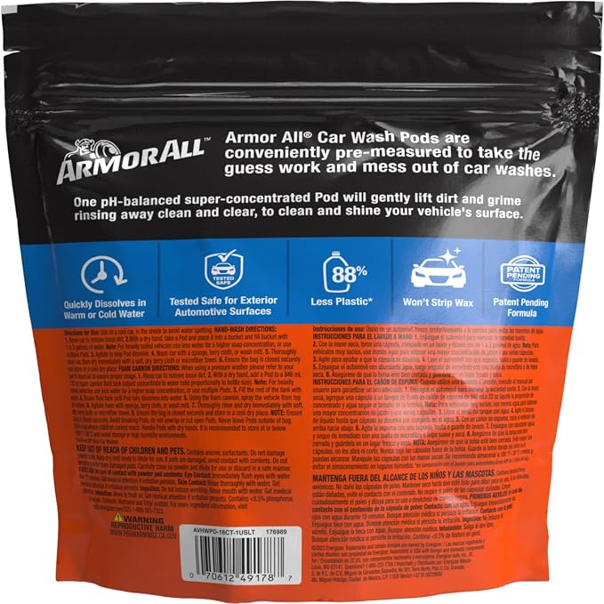 Armor All Car Wash Pods, Pre-Measured, Dissolvable Pods of Super-Concentrated Car Wash Soap, 18 Easy-to-Use