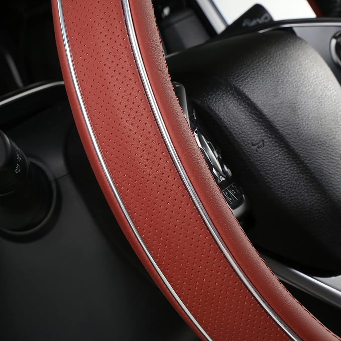 ALEMODR Claret Leather Steering Wheel Cover Fiber Strip Car Steering Wheel Cover Universal 15 inch for Women Girls