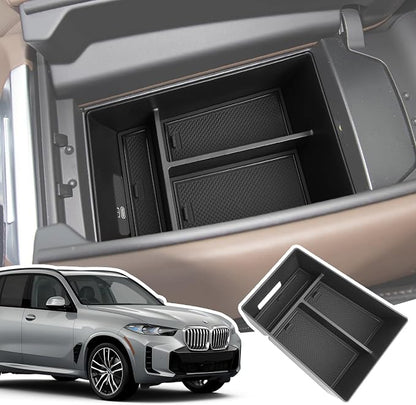 Center Console Organizer for 2020-2026 BMW X5/X6/X7, Armrest Storage Box with Removable Rubber Mat, 2020 2021 2022 2023 2024 2025 2026 BMW X5/X6/X7 Interior Accessories(Black)