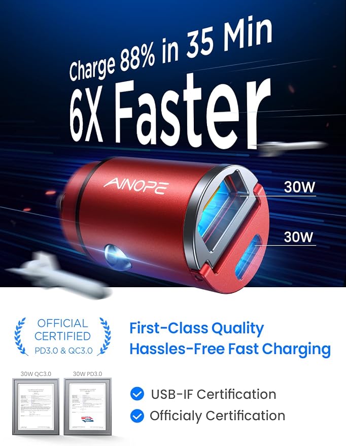 AINOPE USB C Car Charger Adapter, PD36W & QC36W Fast Charging, Mini & All Metal, Compatible with iPhone 17/16/15/14 Pro Max/13 & Samsung Smartphones, Red Kits