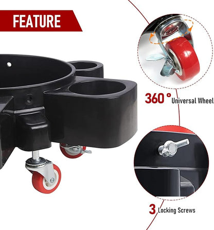 Car Wash Bucket Dolly, 5 Gallon Bucket Grit Trap, Removable Bucket Dolly, Rolling Bucket Dolly with Side Organizer for Storing Spray Bottles and Detailing Kits, Suitable for Workshop Car Washing