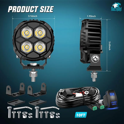 Nilight LED Pod Light 2 PCS 3.1 Inch 20W 4 LED Round Hyper Spot Beam Offroad Driving Lights w/18AWG Rocker Switch Wiring Harness Kit for Truck Motorbike Boat ATV UTV