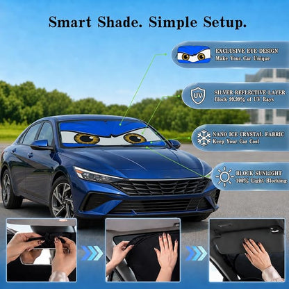 Car Windshield Sun Shade, Blue Monster Eyes Sun Visor for Car Windshield Universal Fits Sedan Compact Car Hatchback SUV - 59 x 27.5