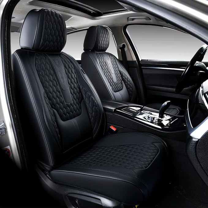 Coverado Front Seat Covers, Car Seat Covers Front Seats, Nappa Leather Seat Covers for Cars, Waterproof Seat Covers with Lumbar Support Universal Fit for Most Cars SUV Trucks (Front, Black)