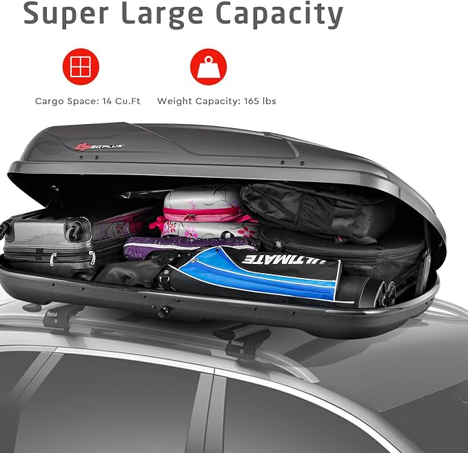 Goplus Rooftop Cargo Carrier Hard Shell, 14 Cubic Feet Waterproof Car Roof Cargo Carrier w/Dual Side Opening, Security Key, 165LBS Capacity, for 17” to 22.8” Wide Crossbar Rack, Vehicle Cargo Box