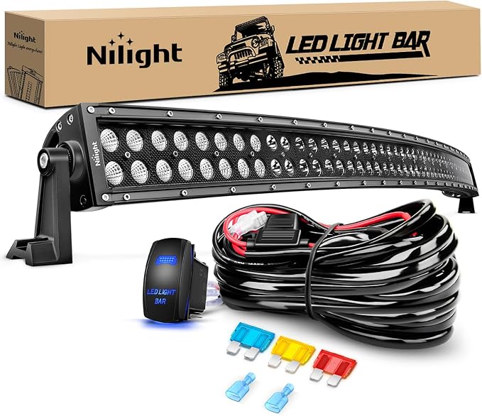 Nilight ZH120 50Inch 50 Inch 288W Curved Spot Flood Combo Bar LED Off Road Driving Light and 1PC 14AWG 12V 5Pin Rocker Switch Wiring Harness Kit-1 Lead, 2 Years Warranty, White