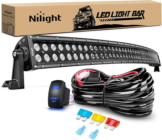 Nilight ZH120 50Inch 50 Inch 288W Curved Spot Flood Combo Bar LED Off Road Driving Light and 1PC 14AWG 12V 5Pin Rocker Switch Wiring Harness Kit-1 Lead, 2 Years Warranty, White