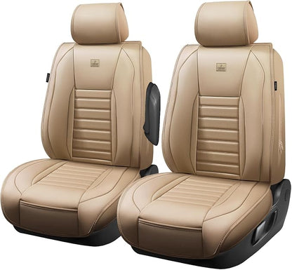 CAR PASS Nappa Leather Car Seat Covers Front Seats, Luxury Seat Protector for Cars, Waterproof Anti-Slip Seat Cushion Airbag Compatible Universal for Sedan SUV Pick-up Truck Automotive Vehicle, Beige