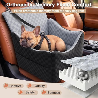 JOEJOY Elevated Dog Car Seat for Small/Medium Dogs up to 35 lbs, Memory Foam Booster Seat with Detachable Washable Cover, Travel-Safe Car Bed with Safety Belts & Storage Pockets, Grey