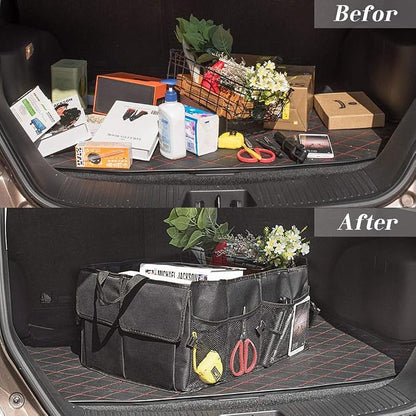 JiatuA Car Trunk Backseat Organizer for SUV, 8 Pocket Waterproof, Dust-proof, Sturdy Foldable Cargo Net Storage for More Trunk Space with Adjustable Straps, Black