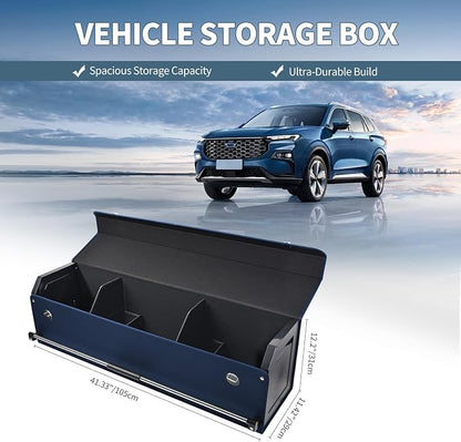 Car Trunk Organizer, Leather Trunk Organizer for Suv with Lid and Push-pull Handle Car Trunk Leather Storage Box Extra Large Cargo Storage (Blue, 41.3 x 11.4 x 12.2in)