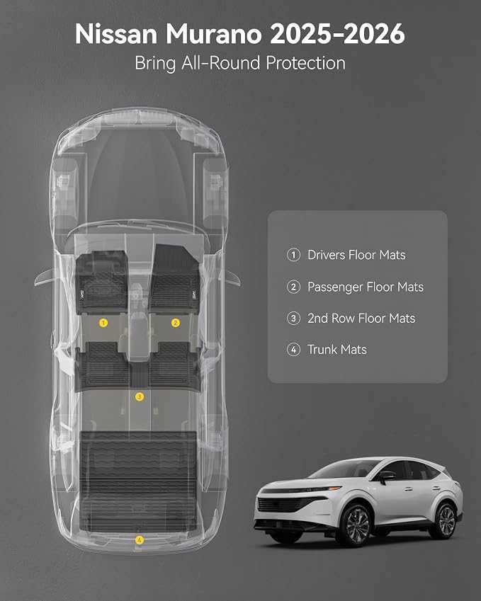 3W Floor Mats & Cargo Liner Fit Nissan Murano 2025 2026, All Weather TPE Non-Slip Custom Fit Floor Liners Set for Murano, Heavy Duty Automotive Protection Full Set Car Mats & Trunk Mat, Black