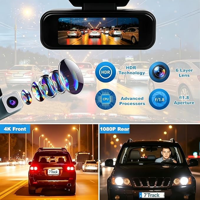 Dash Cam Front and Rear, 4K+1080P Dash Camera for Cars, 7Track Dual Car Camera with WiFi & APP Control, 64GB Card, 3.19" IPS Screen, HDR, Night Vision, G-Sensor, Parking Mode, Loop Recording