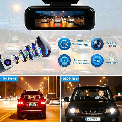 Dash Cam Front and Rear, 4K+1080P Dash Camera for Cars, 7Track Dual Car Camera with WiFi & APP Control, 64GB Card, 3.19" IPS Screen, HDR, Night Vision, G-Sensor, Parking Mode, Loop Recording